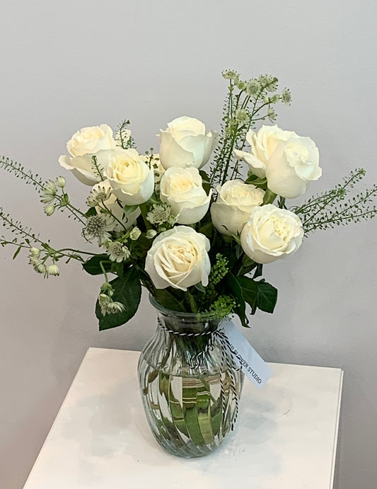 12 White Rose Vase Arrangement
