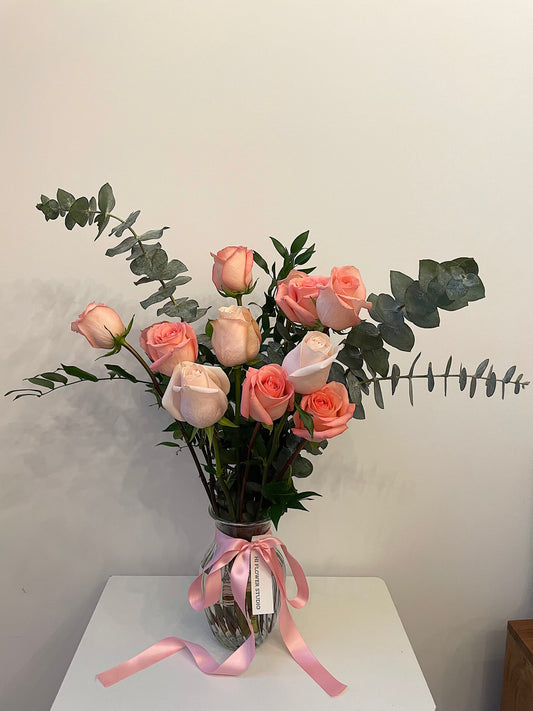 12 Pink Rose Vase Arrangement