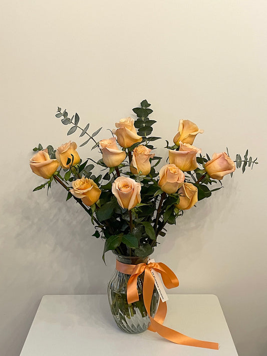 12 Peach Rose Vase Arrangement